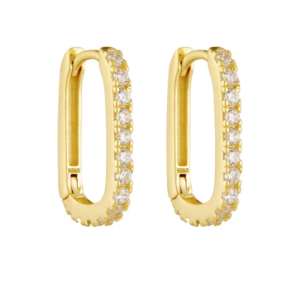 Sterling silver oval zircon ear clips with geometric quadrilateral settings