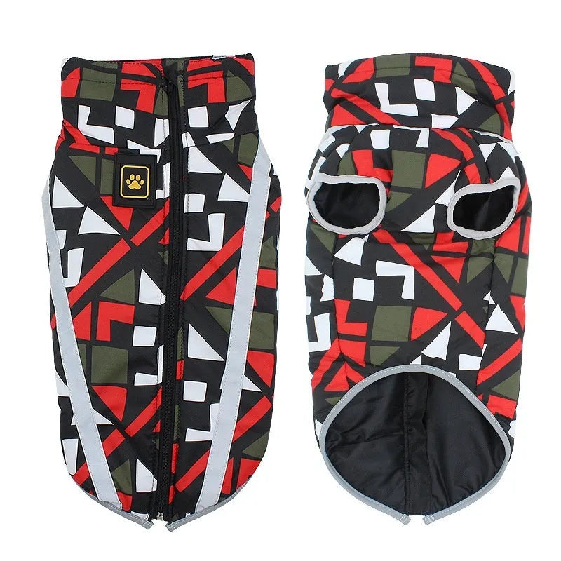 Reflective thick-shell dog jacket in geometric blue, graffiti black and white, or graffiti red patterns for XL to 6XL sizes