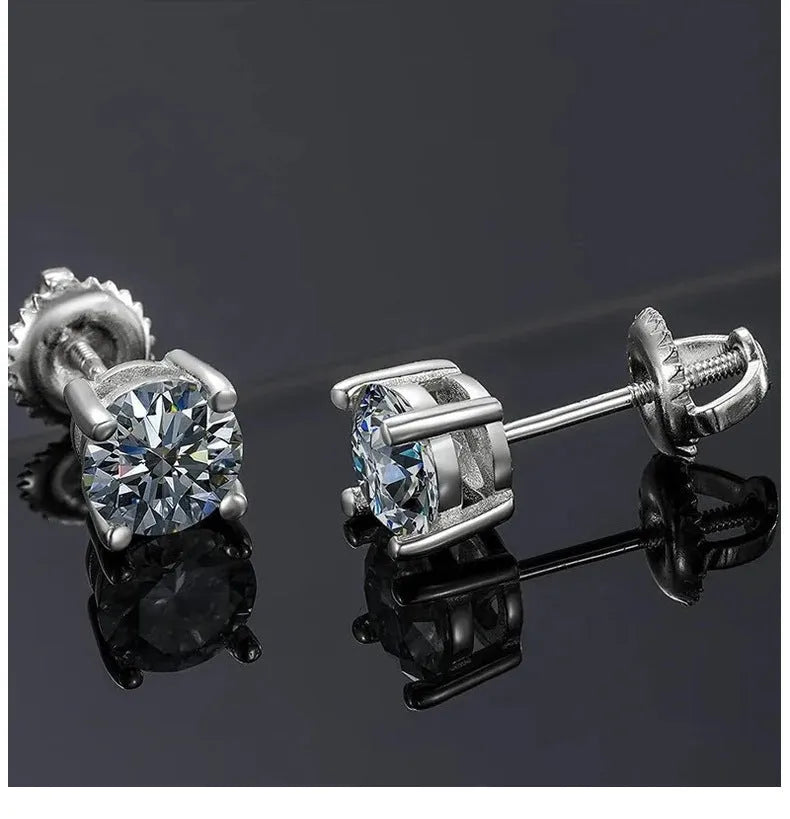 Silver claw set moissanite stud earrings with screw back, showing geometric stone.