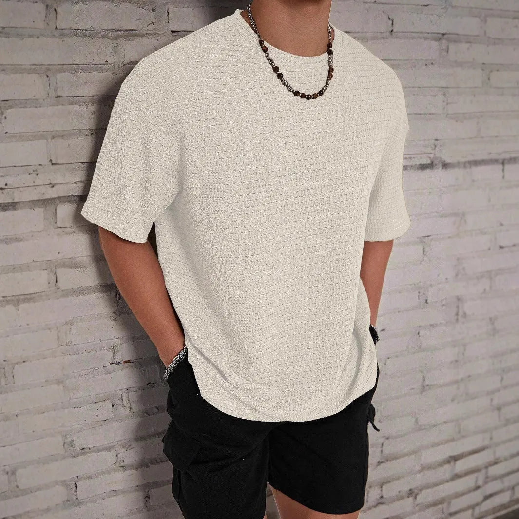 Men's slim fit polyester t-shirt with loose hollow knit design in light blue colour