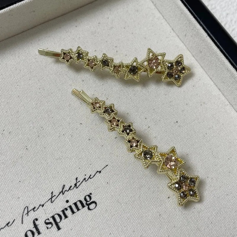 Gold rhinestone barrettes hair clip with five-pointed star design for side hair and bangs