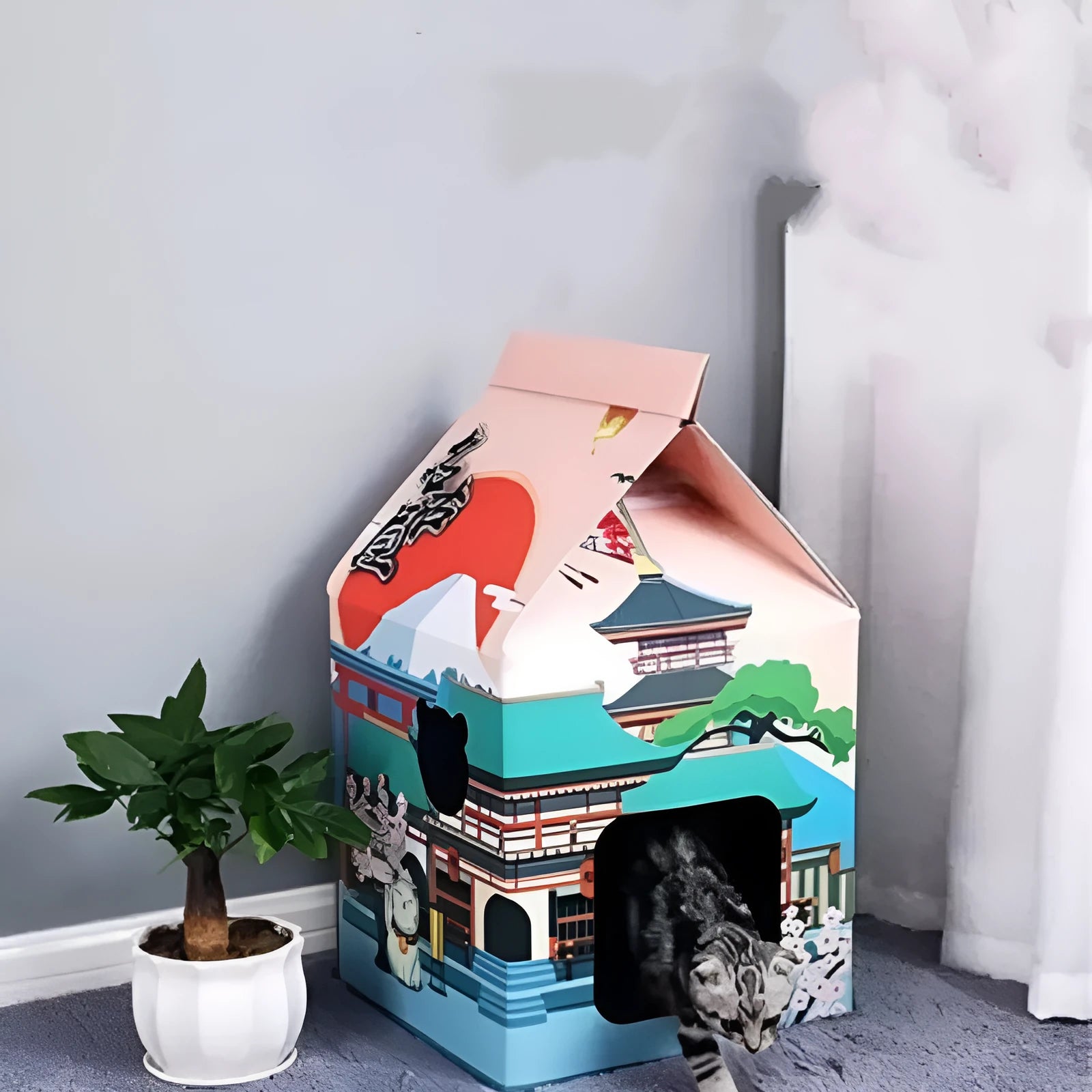 Foldable corrugated paper cat scratching board with integrated nest in Nagoya pattern design.