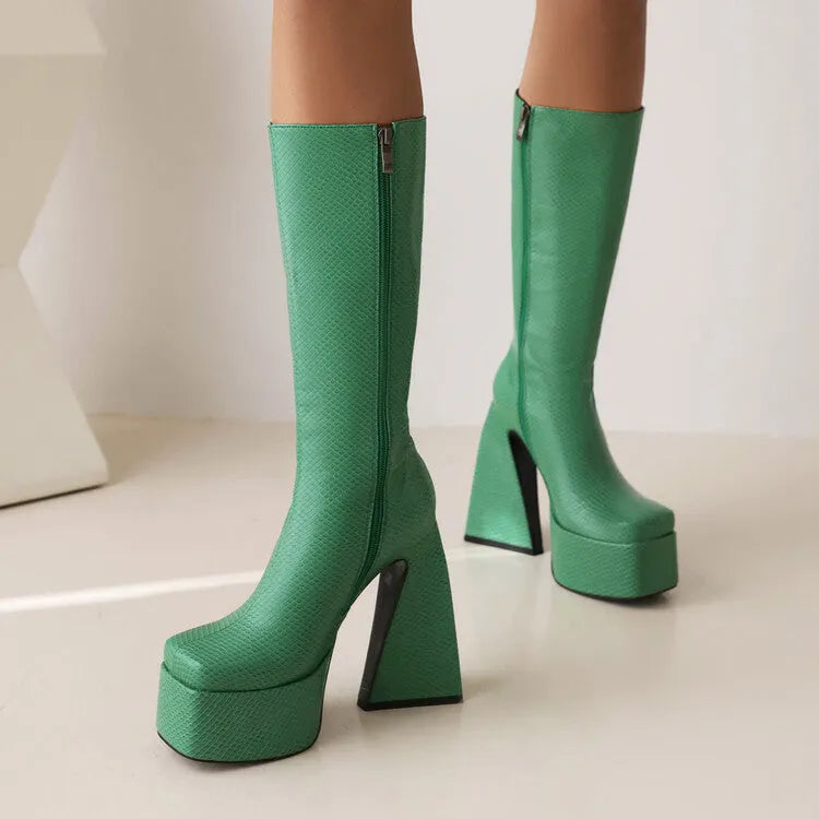 Women's casual high boots in artificial PU leather available in black, red, blue, and white colours