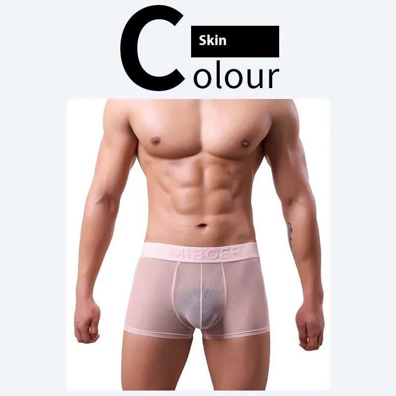 Men's thin invisible breathable boxer shorts in six colour options showing quick-dry polyester fabric construction