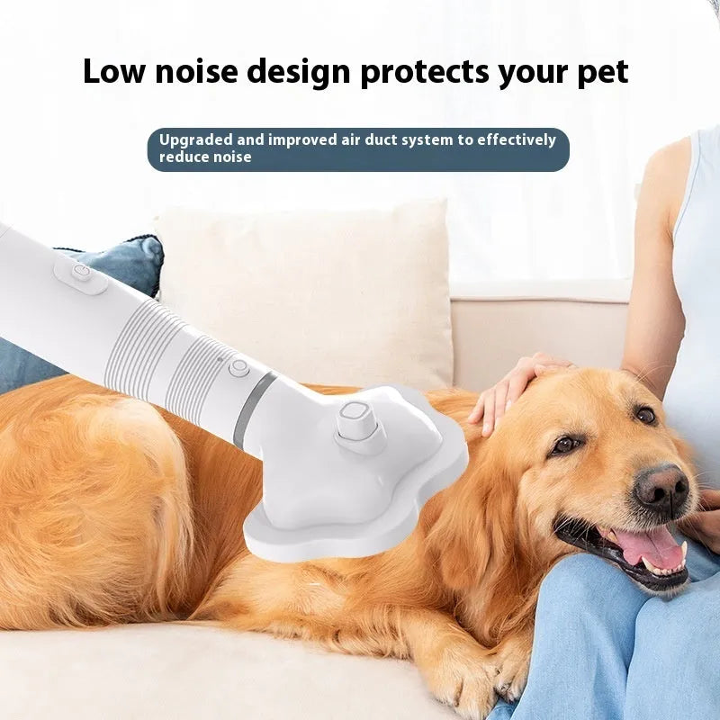 Two-in-one pet electric hot air dryer 600W with one-click hair removal comb in pink and white ABS casing