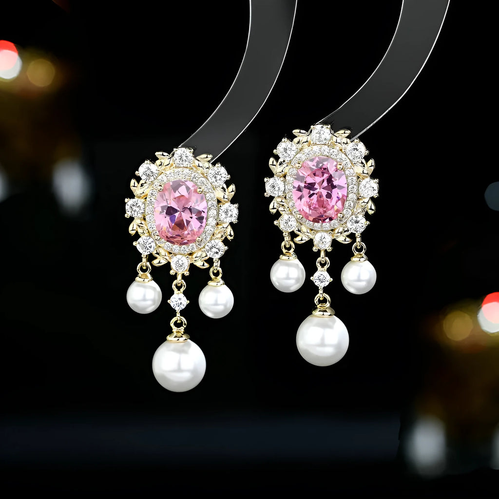 Oval geometric copper earrings with inlaid zircon stones and pearl tassel drops in light purple colour