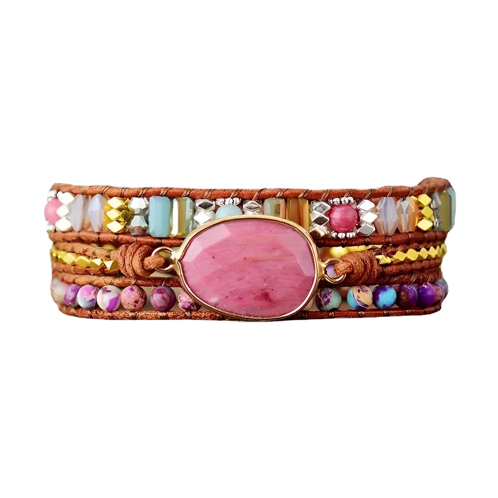 Ethnic style red wood grain leather rope crystal bracelet with egg-shaped semi-precious stone beads