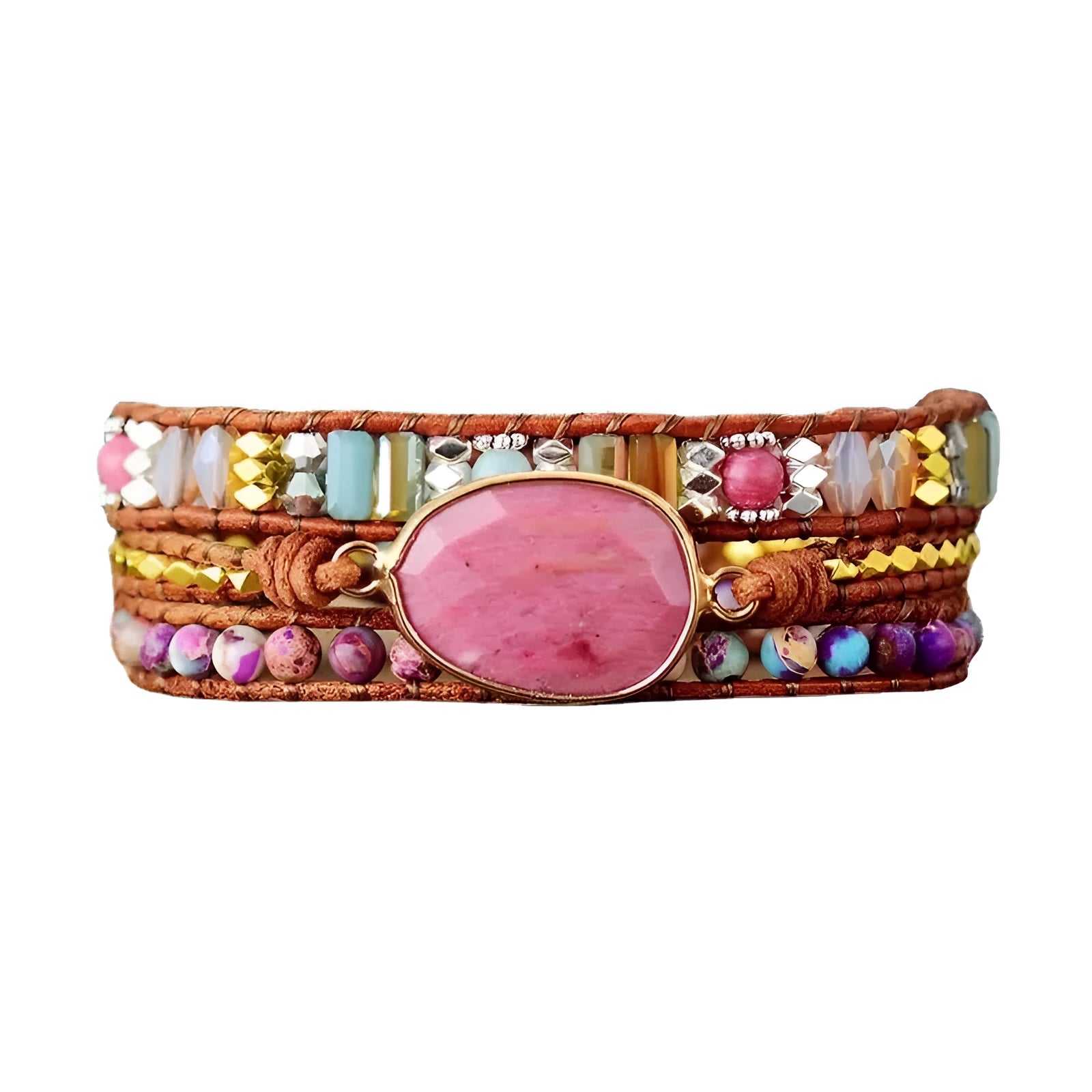 Ethnic style red wood grain leather rope crystal bracelet with egg-shaped semi-precious stone beads