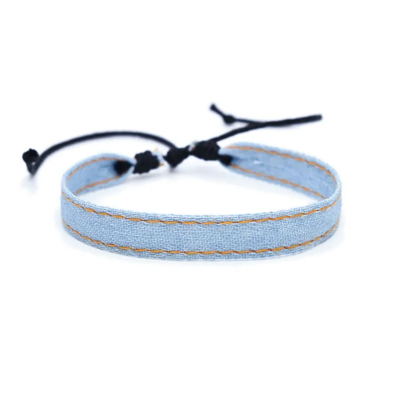 National style denim fabric bracelet carrying strap with mixed material construction for unisex travel and memorial use