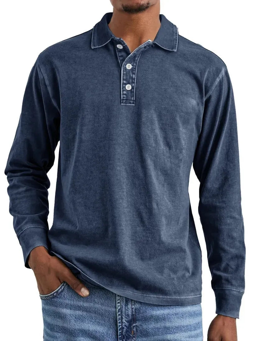 Retro washed distressed cotton lapel long sleeve polo shirt in pure cotton fabric