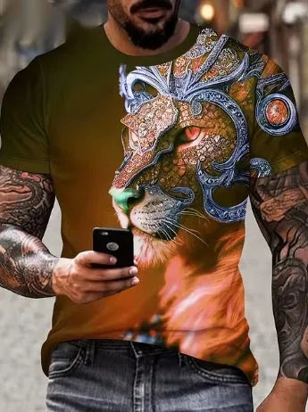 Men's grey T-shirt with raised 3D lion design print on chest, showing dimensional animal graphic