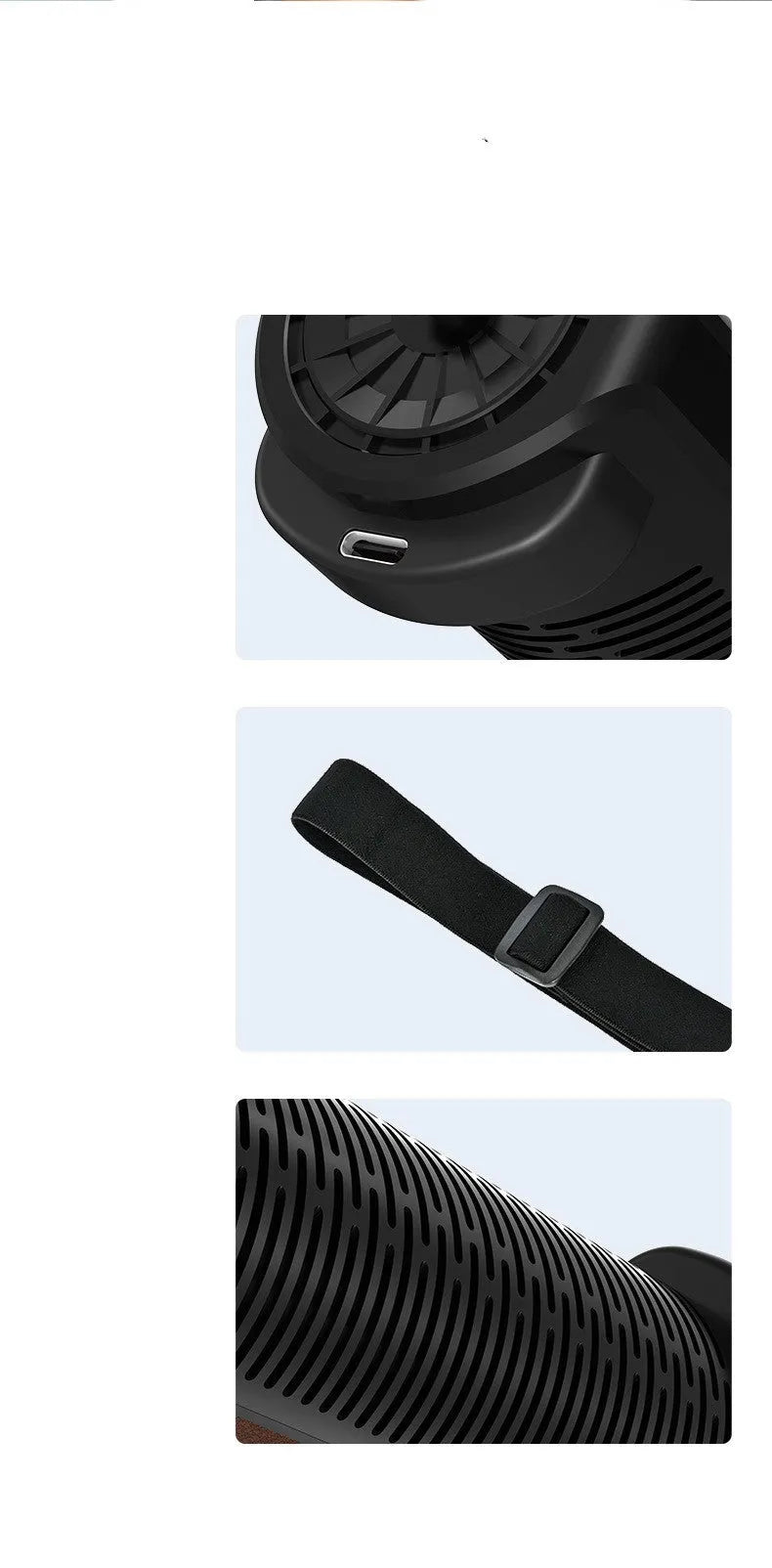 Bladeless car fan with USB power cord in black, brown, or red colour options
