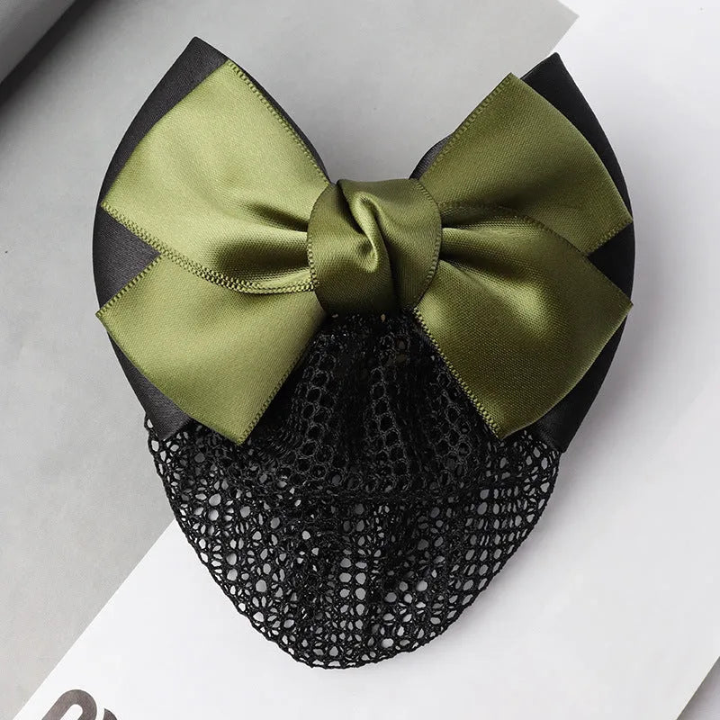 Professional waitress hair net with double bow clip in various colours including black, red, and blue mesh