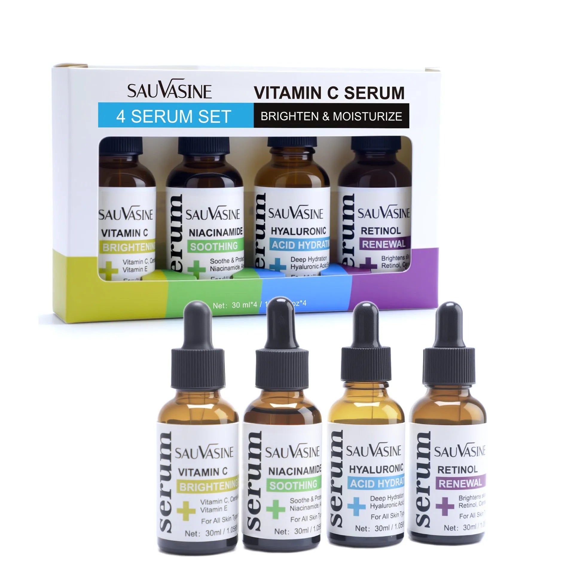 Vitamin C 4-piece skincare set with four 30ml bottles including facial essence for pore care