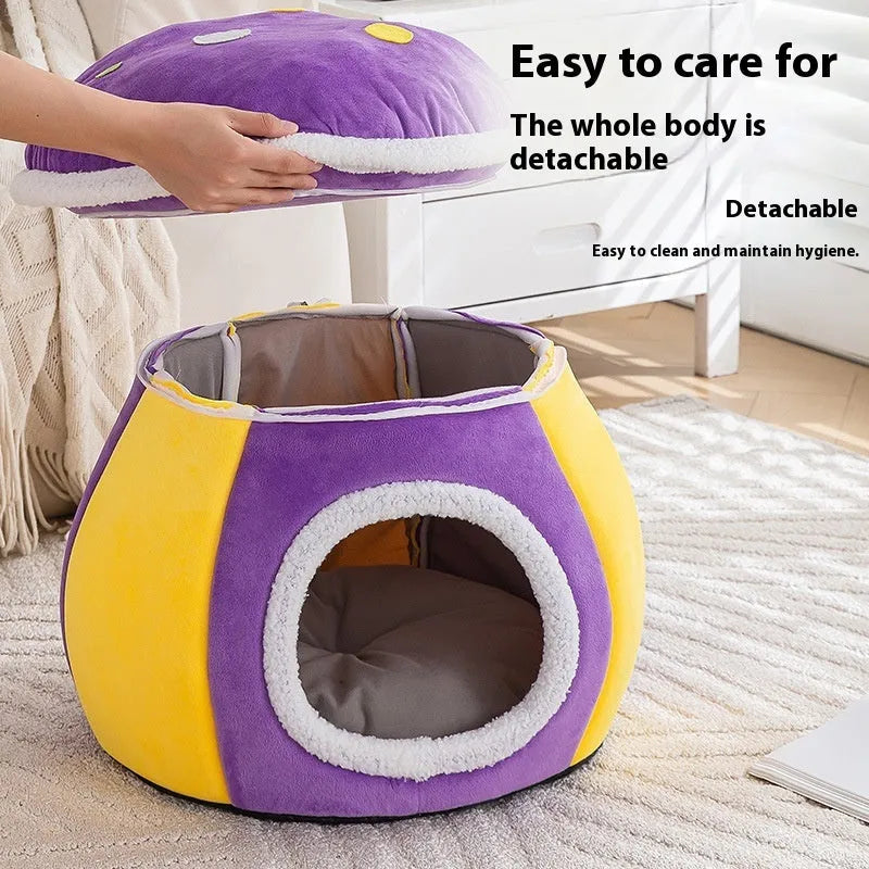 Grey mushroom-shaped plush cat bed with a detachable design and included blanket.