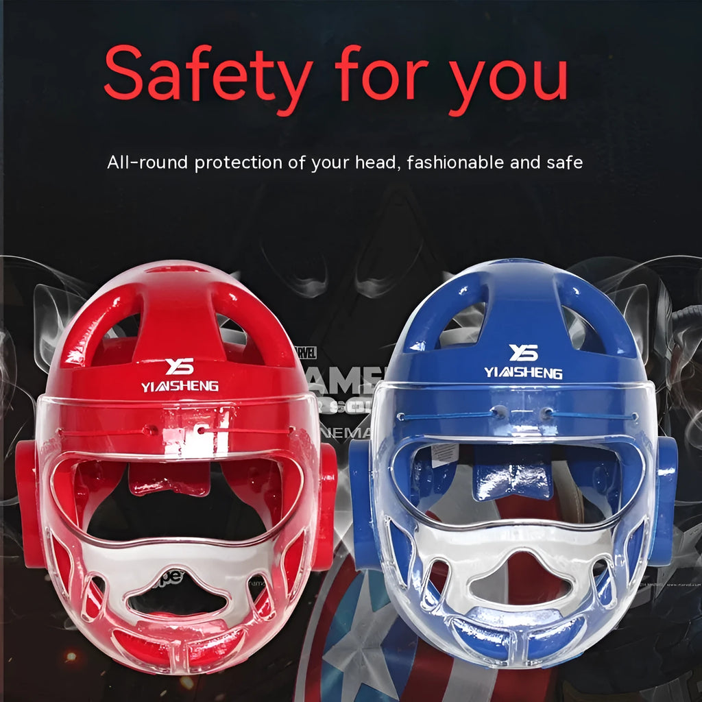 White, blue, and red karate boxing helmets for head protection in four sizes