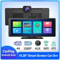 12-inch touch screen car dash cam unit for front and rear recording with wireless CarPlay.