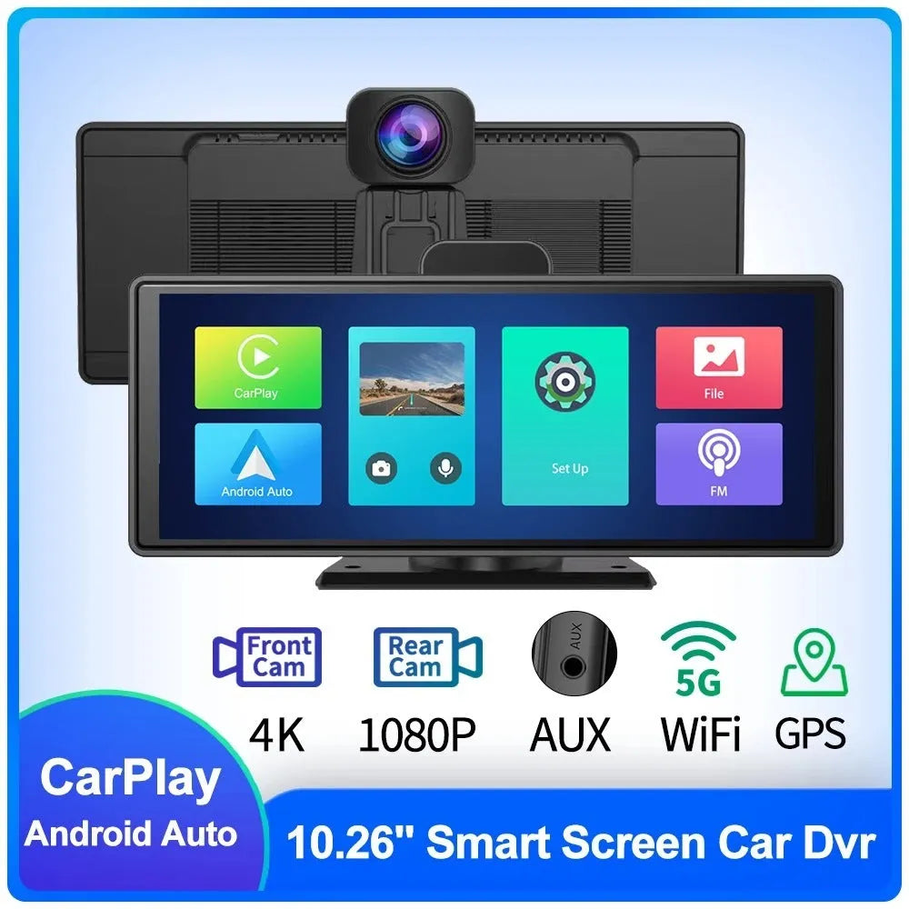 12-inch touch screen car dash cam unit for front and rear recording with wireless CarPlay.