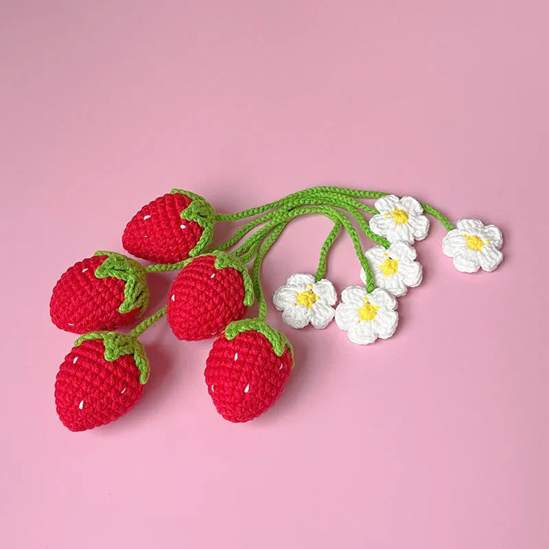 Handmade wool crochet strawberry pendant necklace in red or pink with 35cm length