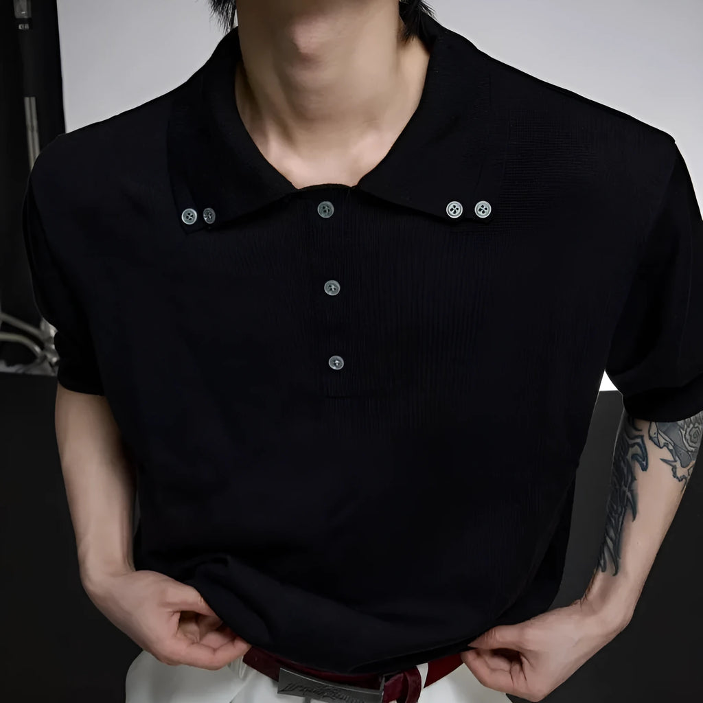 Men's loose fit short sleeve shirt with double lapel collar in polyester knit fabric