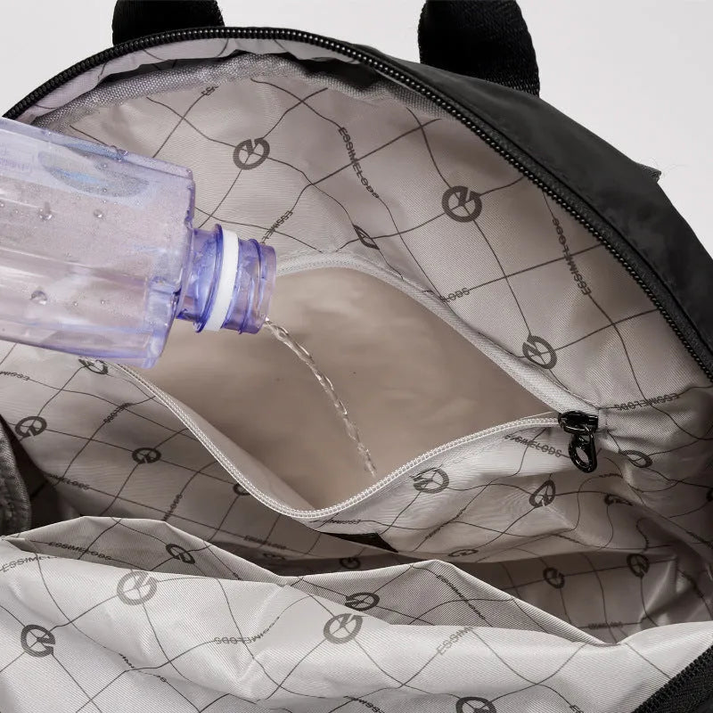 Women's large capacity backpack showing sandwich pocket design and 48cm height dimensions