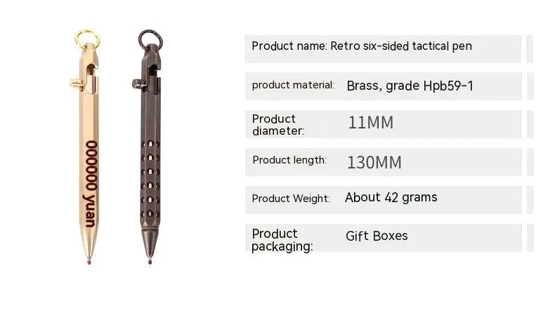 Brass hexagon bolt pen with six-angle design and 0.5mm tip, shown with brass natural and retro black ink options.