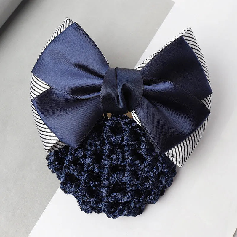 Professional waitress hair net with double bow clip in various colours including black, red, and blue mesh