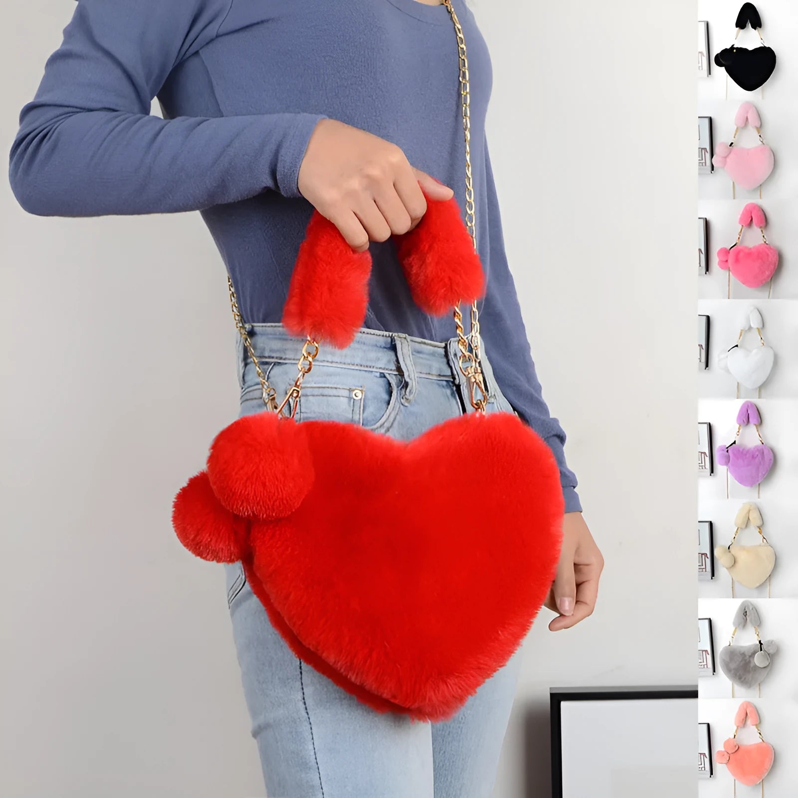 Heart-shaped soft plush women's handbag with detachable strap in multiple colour options