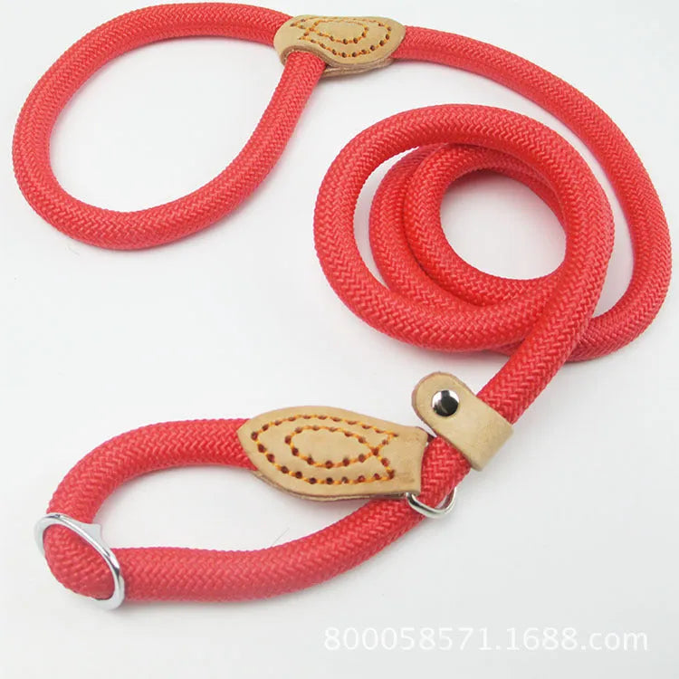 Brown nylon dog leash with P chain handle, showing 2.1 metre length.