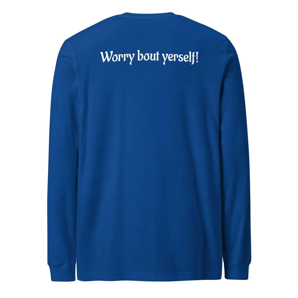 Blue men's loose round neck sweater with printed letter patterns, polyester fabric