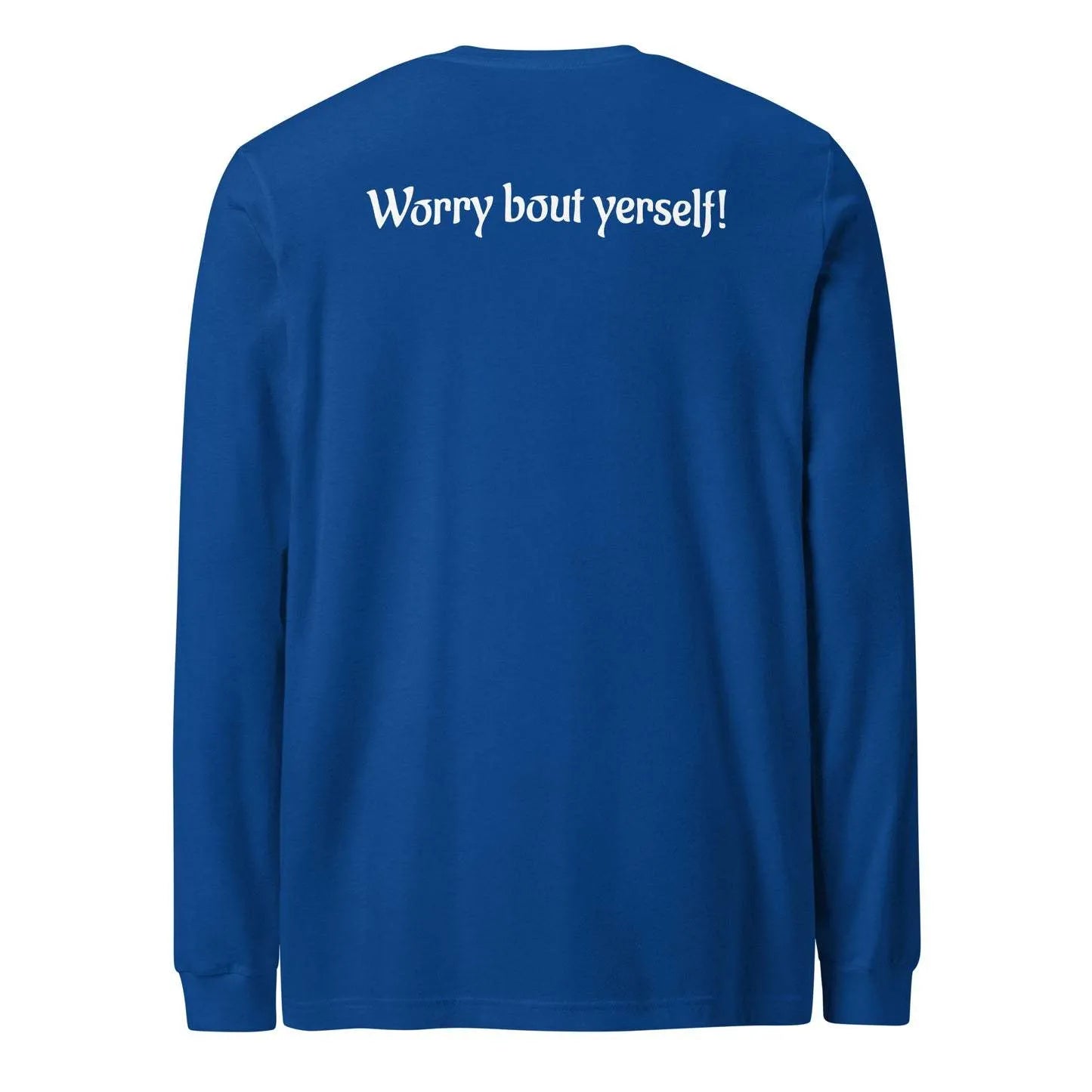 Blue men's loose round neck sweater with printed letter patterns, polyester fabric