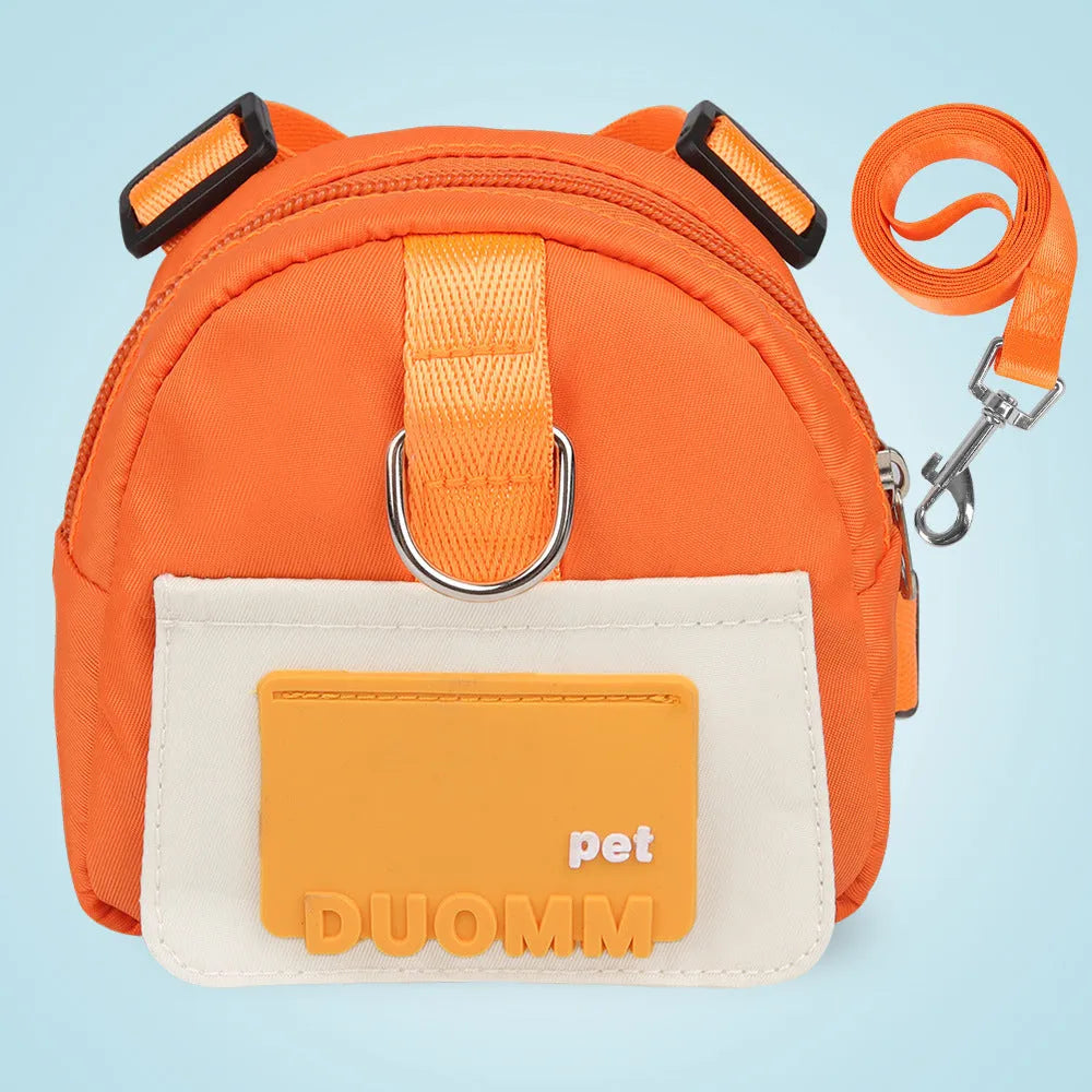 Blue adjustable dog backpack harness with storage compartments and a tow rope, shown on a medium-sized dog.