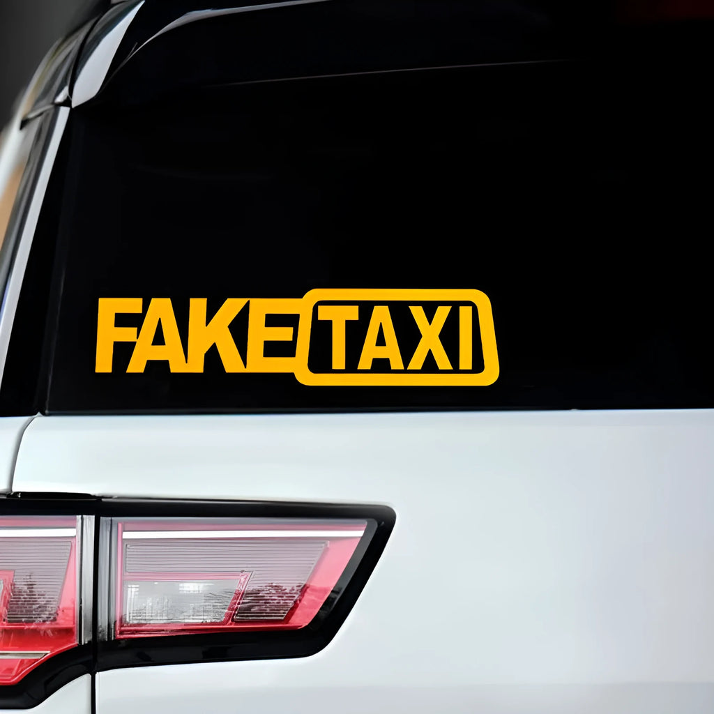 FAKE TAXI black car warning sticker measuring 20cm by 8cm