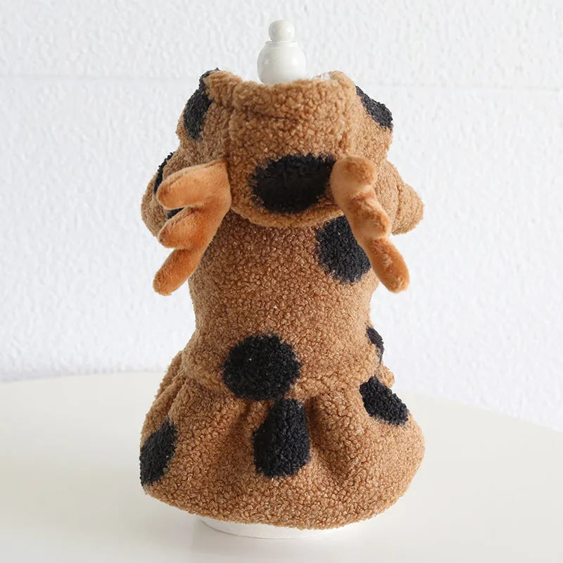Polka dot elk couple pattern pet costume shown in skirt and four-leg styles for cats and dogs