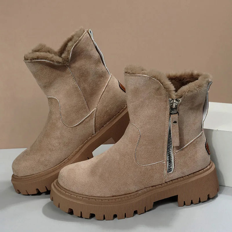 Women's black thick plush high-top snow boots with a side zipper and faux fur lining.