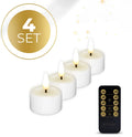 Four white LED tealight candles showing flickering flame effect, next to a ruler showing 4.1 cm diameter and 5 cm height.
