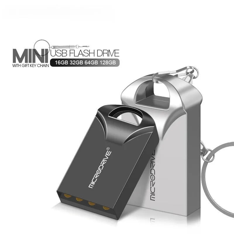 Compact black and silver metal USB flash drive on a white background showing its small size.