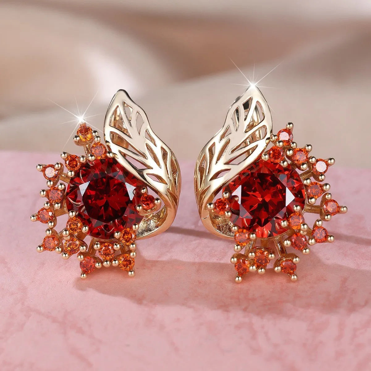 Women's round flowers feather zircon earrings with champagne gold electroplating and six gemstone colour options