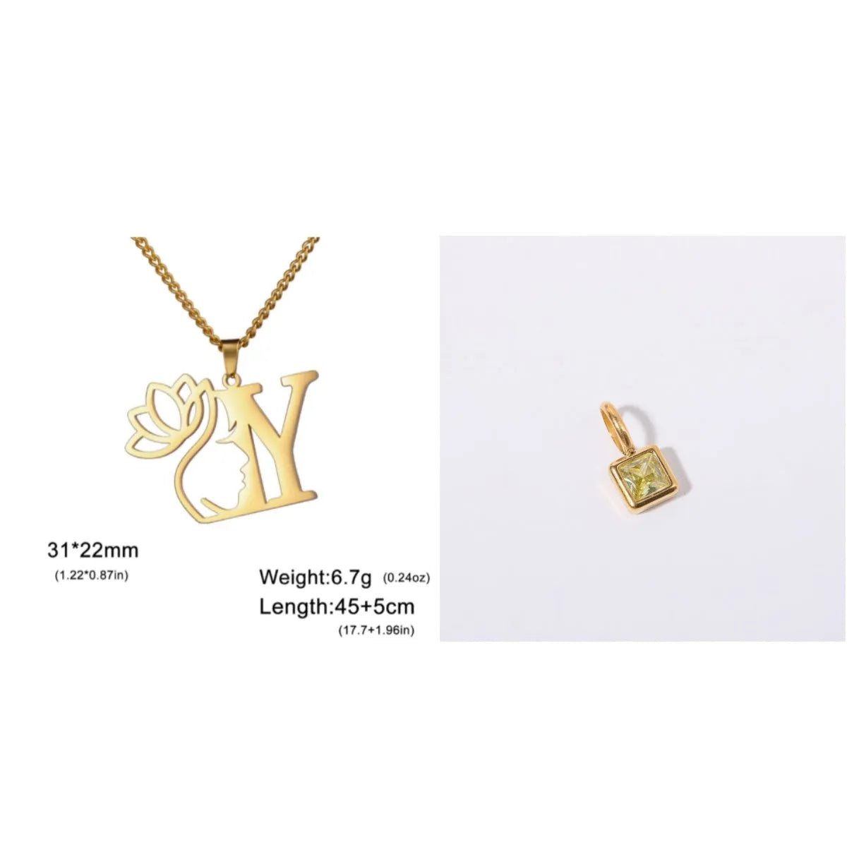 Stainless steel necklace with cross chain and a single initial letter pendant in gold tone.