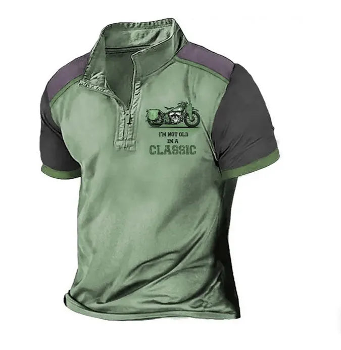 Golf polo shirt with 3D printed pattern on blue bird eye cloth fabric, shown in a loose fit.