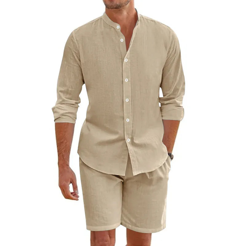 Men's summer shirt shorts set with button-down short sleeve shirt and drawstring shorts in multiple colour options