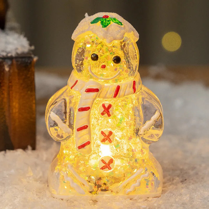 Set of four glowing Christmas gingerbread man and snowman ornaments with different coloured scarves on a festive background.