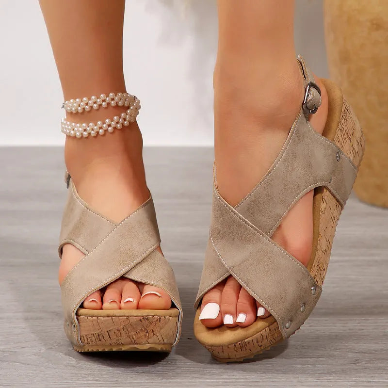 Women's rivet wedge sandals with thick bottom and fish mouth toe in beige colour