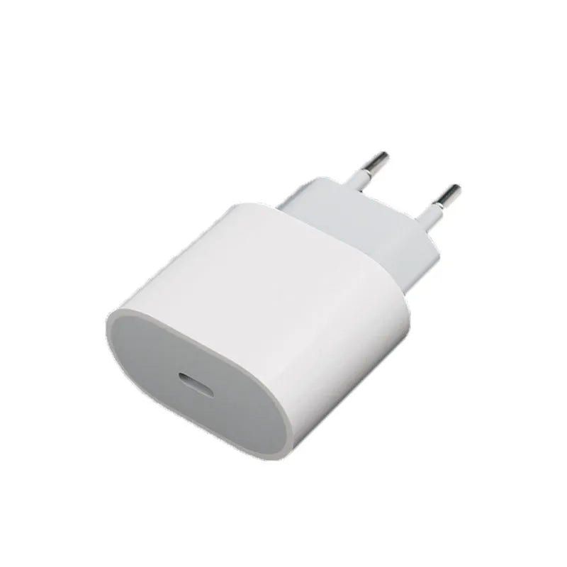 White PD20W mobile phone charger with USB port and choice of European or US plug.