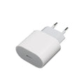 White PD20W mobile phone charger with USB port and choice of European or US plug.