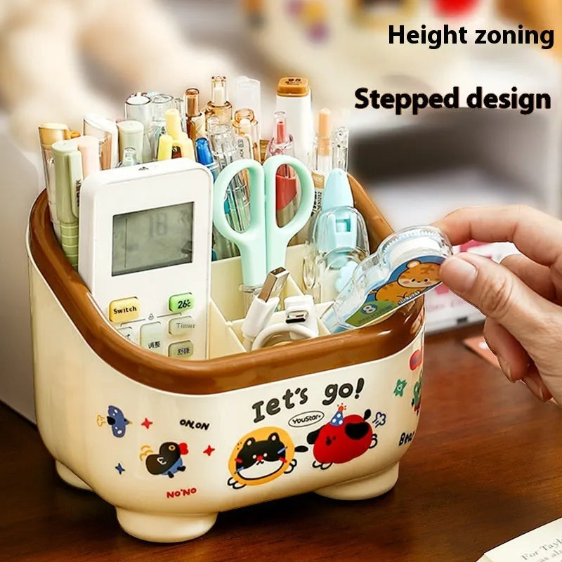 Cartoon design plastic desktop organiser with 2L capacity storage box and grid pattern for stationery organisation