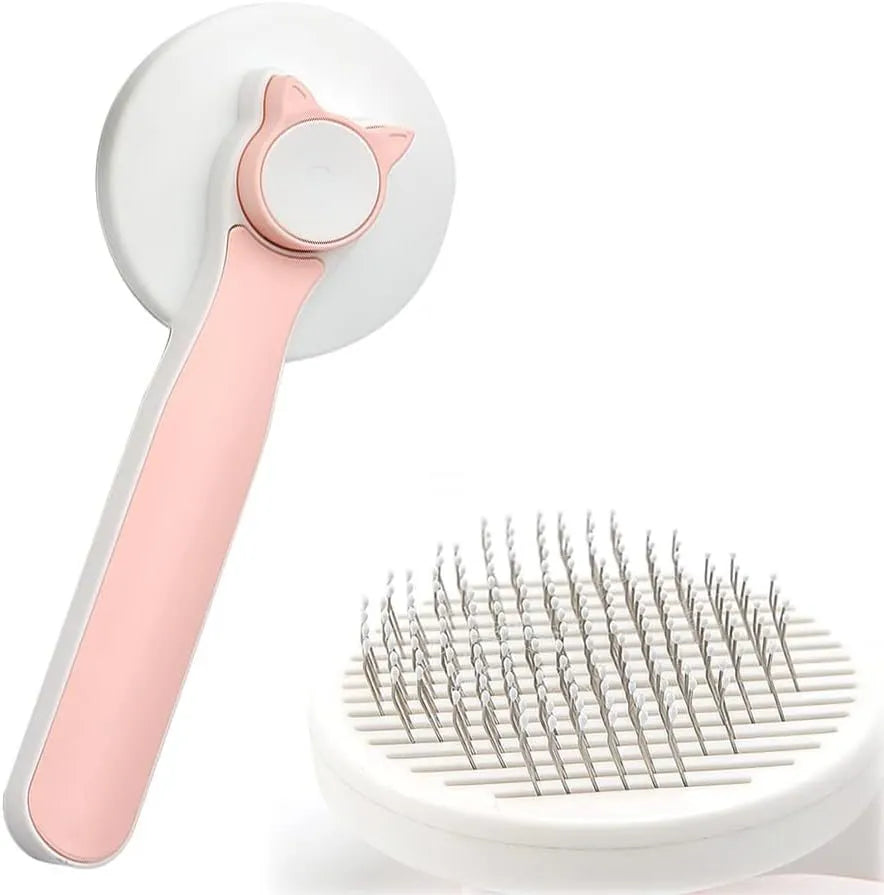 Blue self-cleaning cat and dog brush with rubber handle and retractable pins