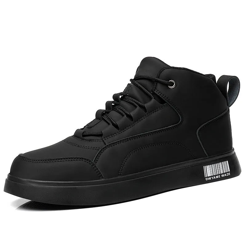 Men's white mid-top casual shoes with round toe, rubber sole, and front lace-up design on a plain background