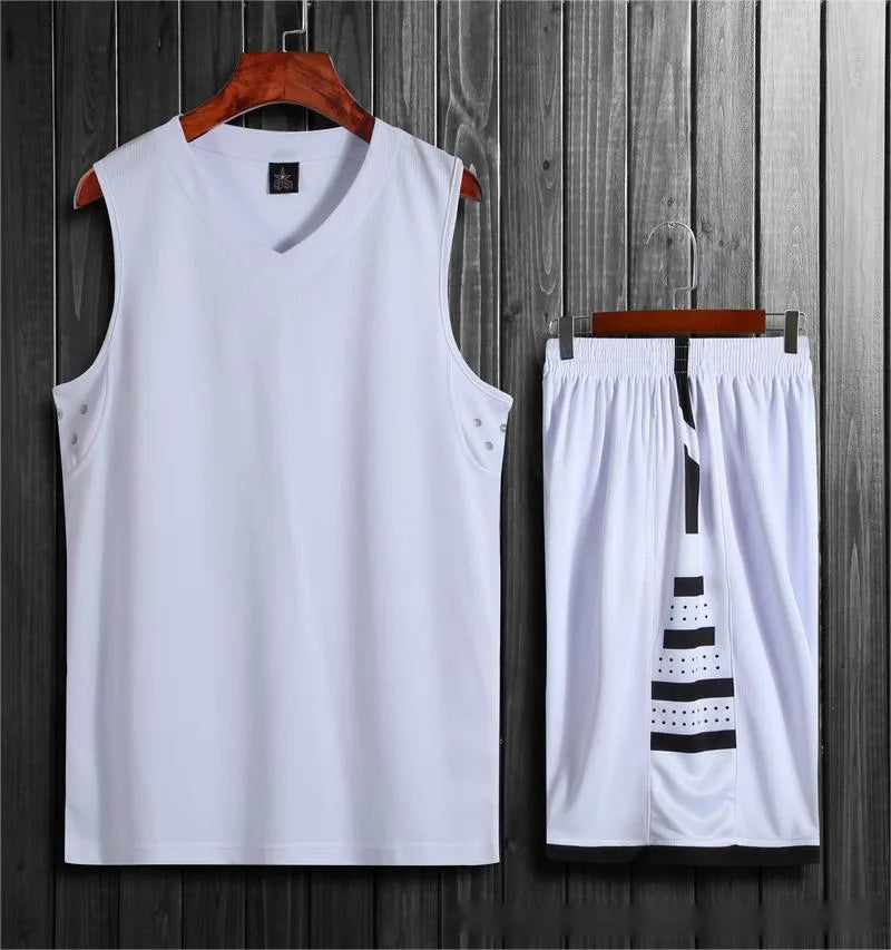 Breathable black and white sports vest and pants set for basketball training and fitness.