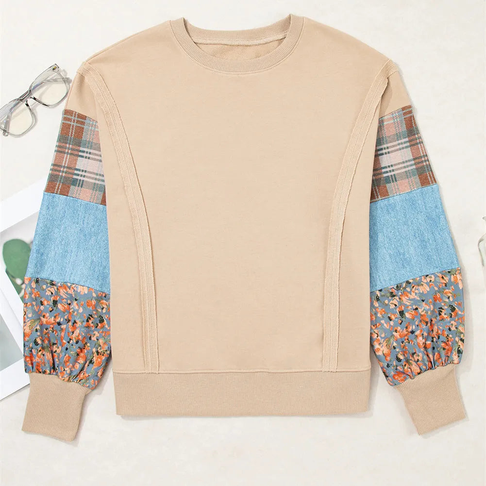 Women's loose-fit plaid stitching long-sleeved polyester top in beige colour